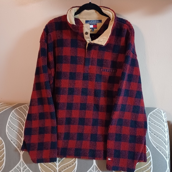 Tommy Hilfiger Mens XL buffalo Plaid Check Sherpa Button CorduroyCollar Pullover - Picture 6 of 13